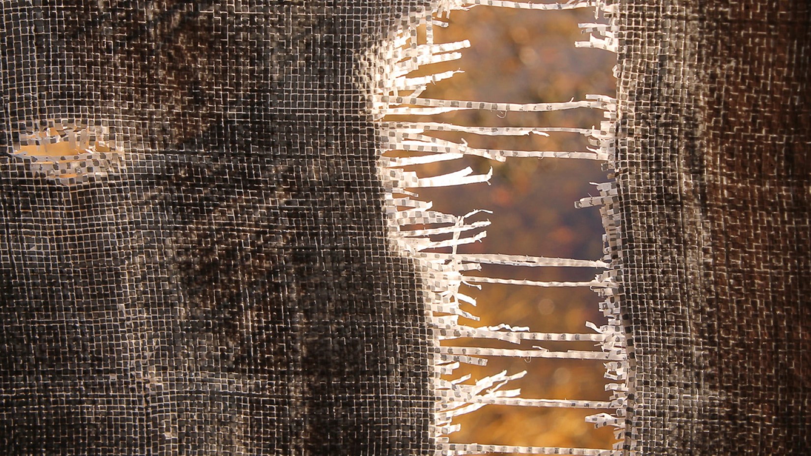 Close-up of sunlight shining through a torn, frayed piece of woven fabric, revealing a warm, blurred background of browns and golds. The damage creates vertical slits and loose threads.