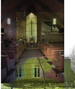 An empty church sanctuary with wooden pews and a large organ is overlaid with faded Persian script and a translucent image of a house with bare trees in front.
