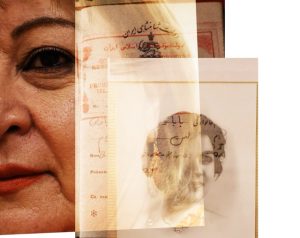 A close-up of a womans face is overlaid with vintage documents and an old black-and-white portrait photo, blending her present image with elements of her past and written text in Persian.