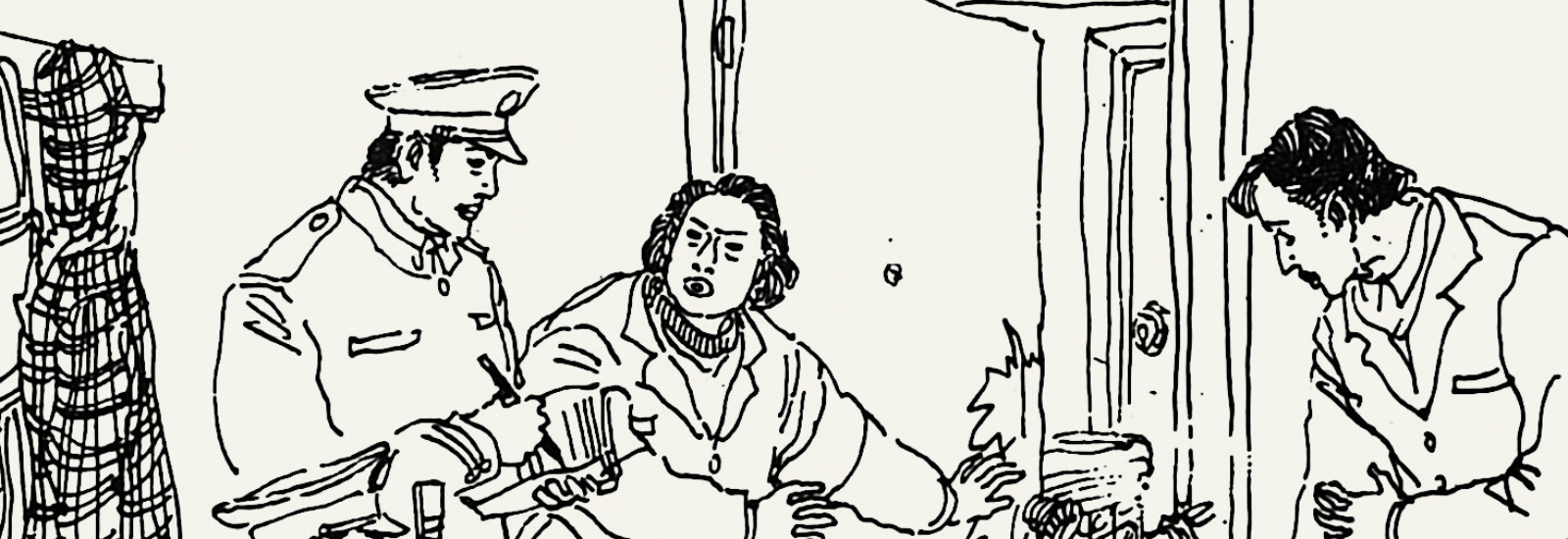 Black-and-white sketch of an apartment burglary investigation: an older woman gestures toward an open door and describes the situation to two police officers who are taking notes and pictures, while the apartment's resident looks on; a briefcase lies on the ground and the lock on the door is broken, suggesting a break-in burglary.