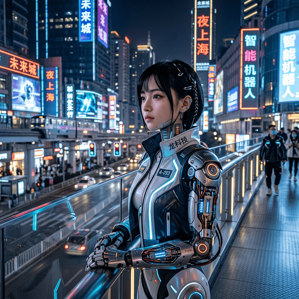 A humanoid robot stands on an overpass overlooking a neon-lit futuristic high-tech city at night.