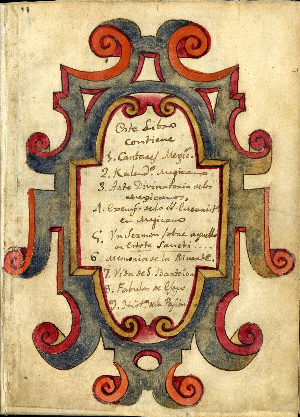 18th-century book title page of MS 1628 bis (Biblioteca Nacional de México), generally known as the Cantares mexicanos y otros opúsculos.
