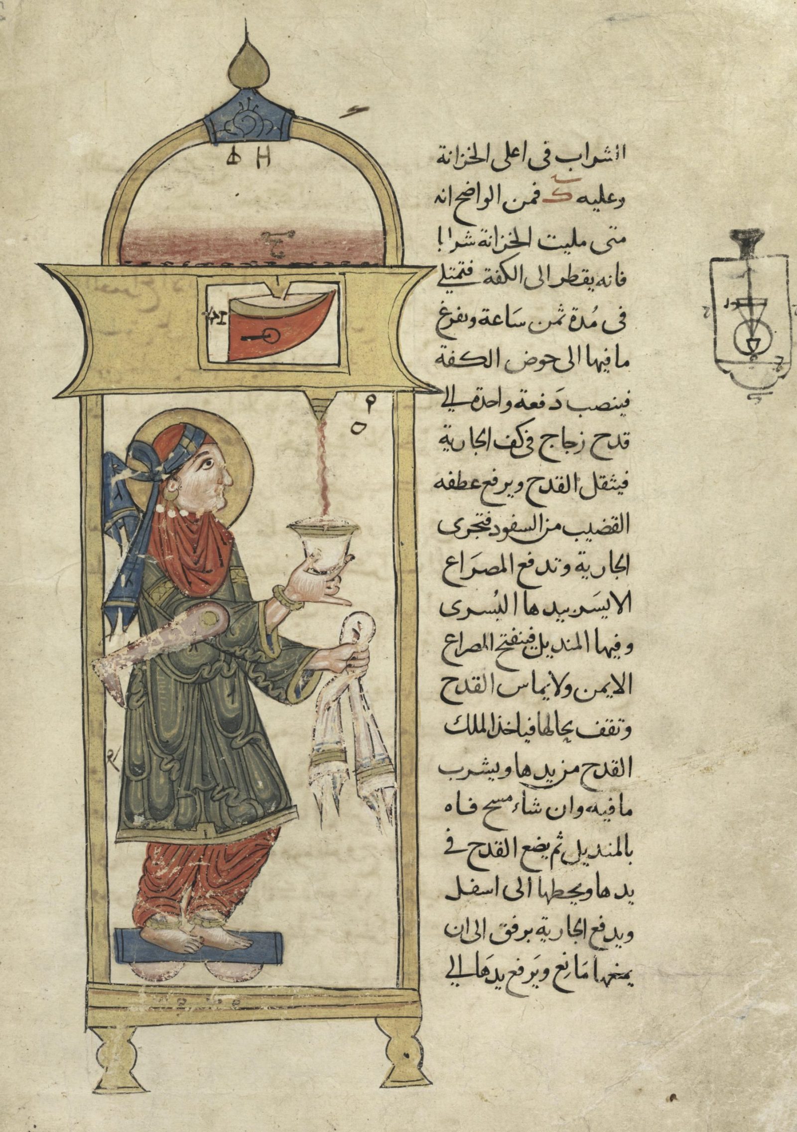 Automated device with wine-serving female servant. Folio from al-Jazari's Compendium of the Mechanical Arts, 1315.