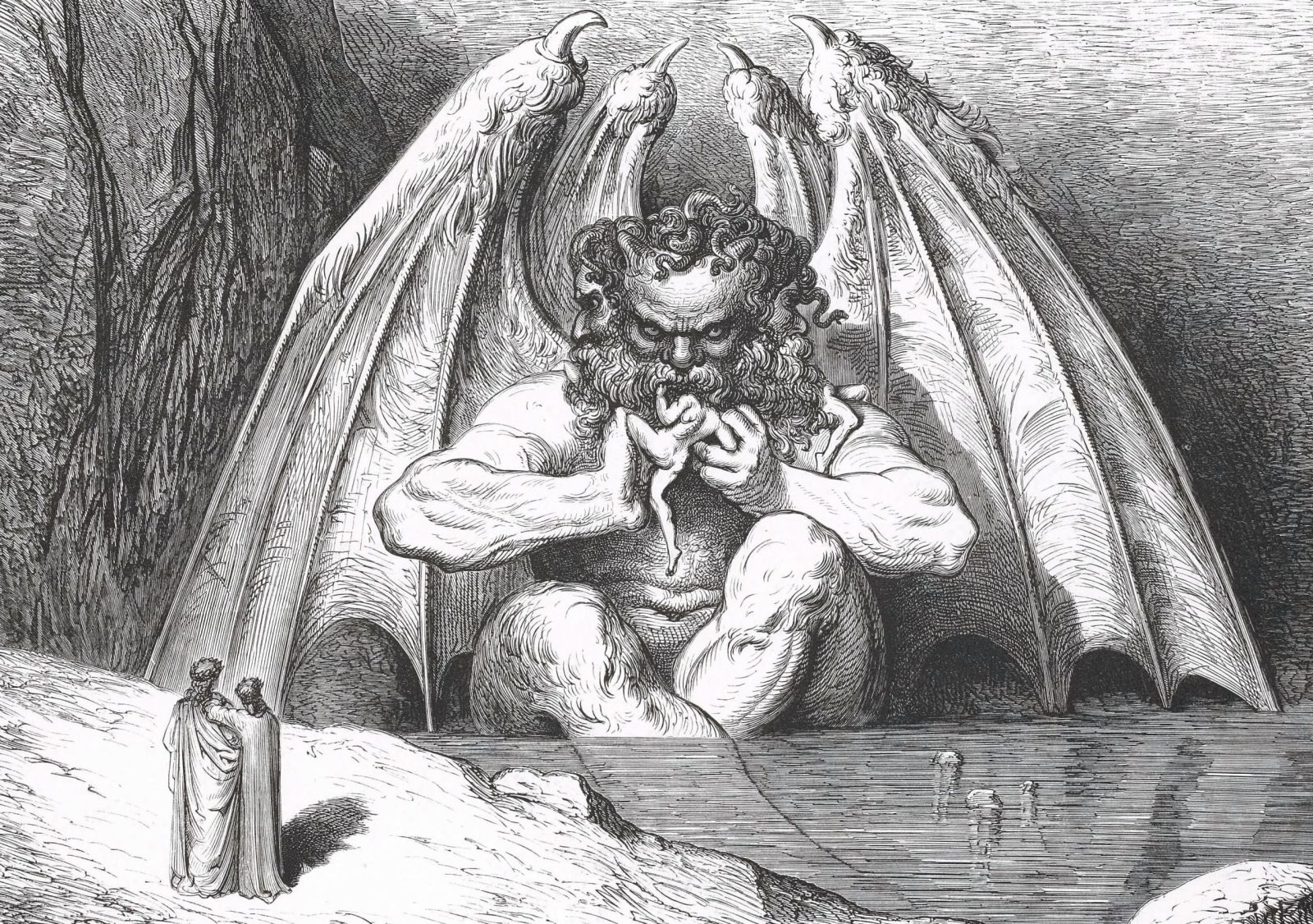 Drawing of winged monster eating a man, a detail of one of the adaptation of the Divine Comedy examined in the dissertation.