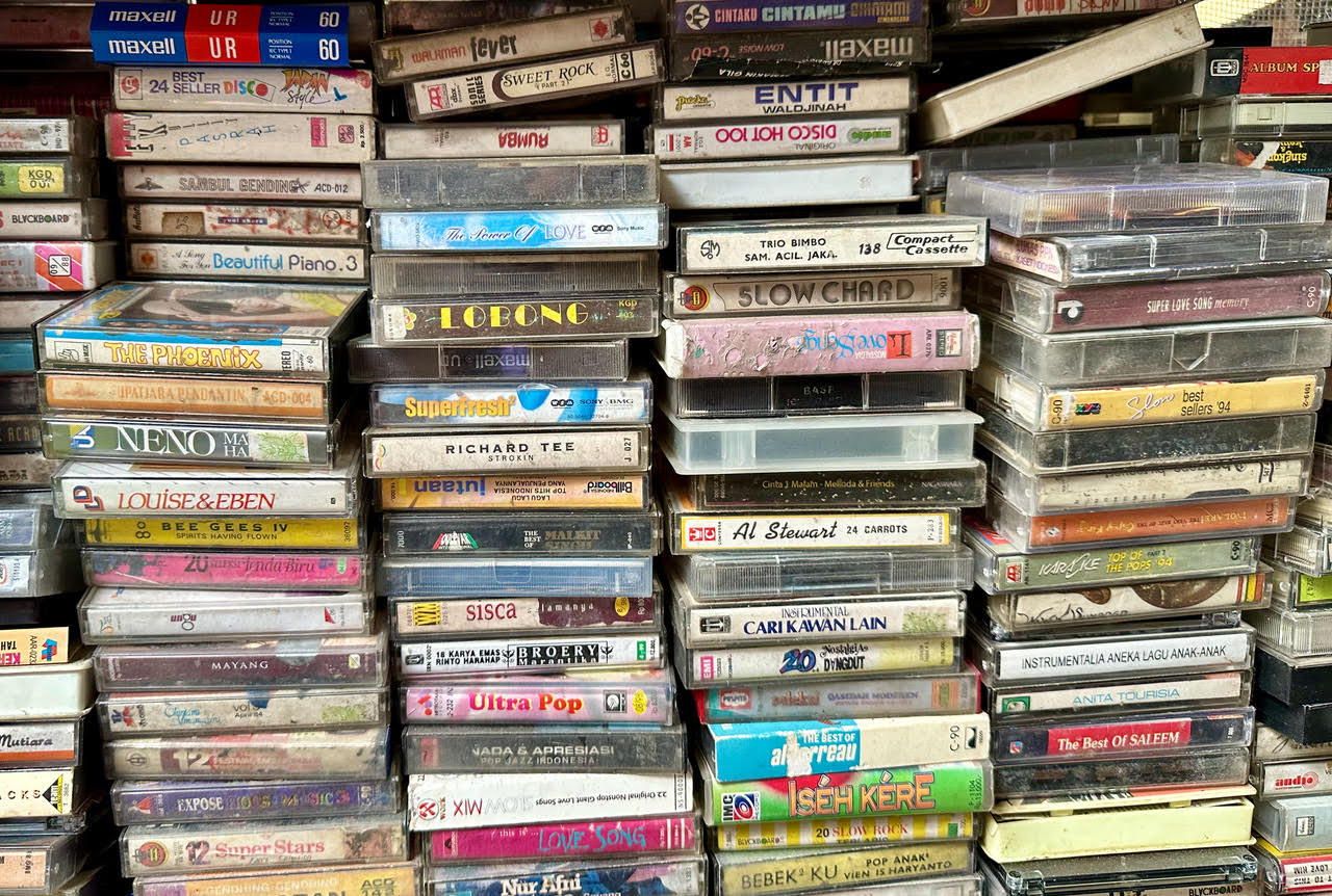 Cassette tapes reflecting work on popular music collections and sound archives. Photo taken in Indonesia by author.