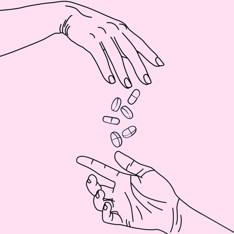 Hand dropping pills into another hand line drawing with pink background.