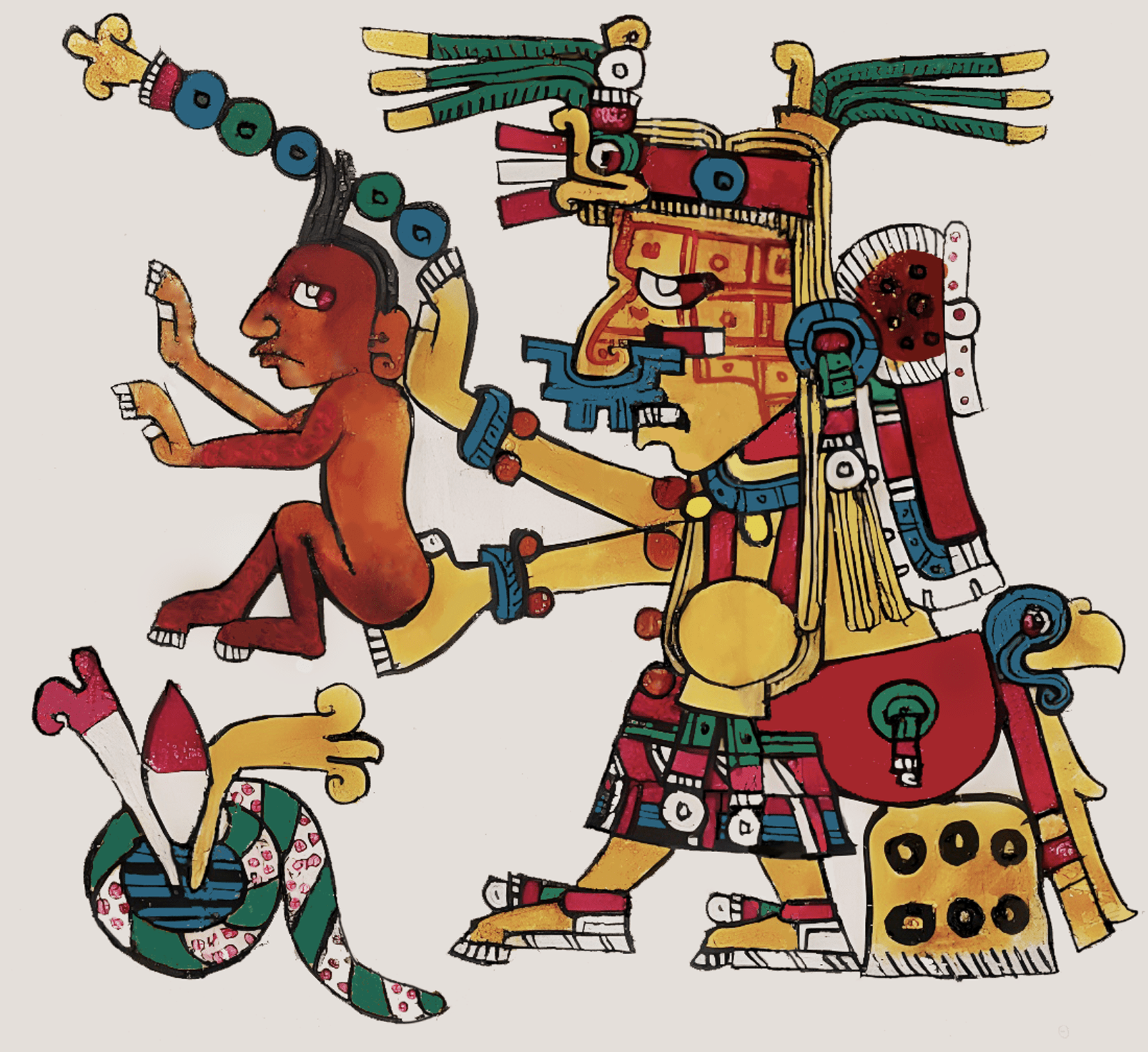 An elaborately attired woman sitting on a jaguar chair ceremonially presents a newborn child. Beside them are ritual implements, including a rope and a sharpened stone, which establish the woman as a religious leader.