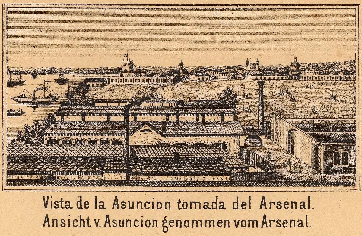 Engraving of the city of Asunción, displaying a factory, a field, a church, and a government palace. The main building in the image is the state-owned arsenal, one of the sites of production that I study in my book on the unfree workers of Paraguay.