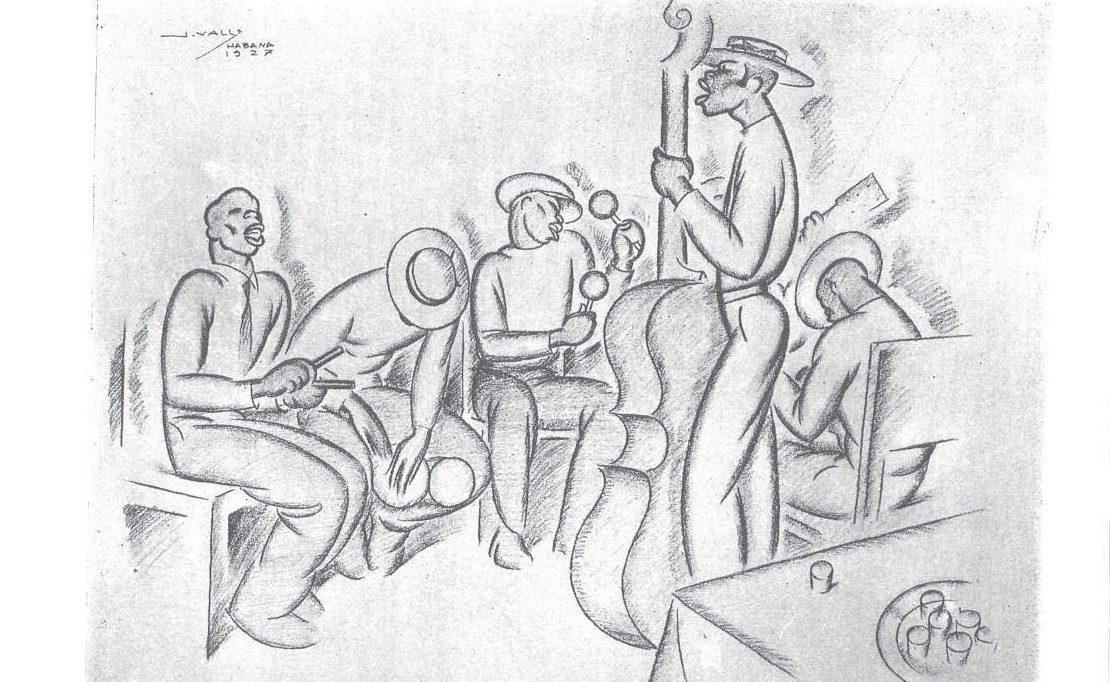 Black and white drawing of jazz band musicians.