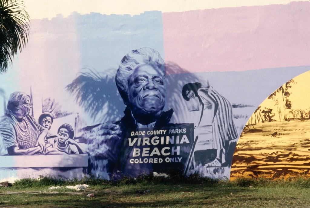 Collage with pink and blue background with black and white prints of people and sign that reads, "Dade County Parks Virginia Beach Colored Only."
